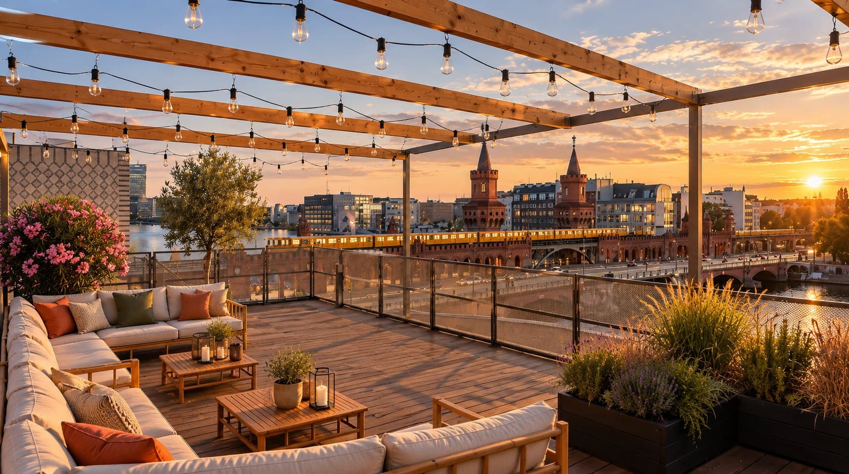 Rooftop-Terrasse im Abendlicht mit Loungemöbeln, Lichterketten und Blick auf die Oberbaumbrücke