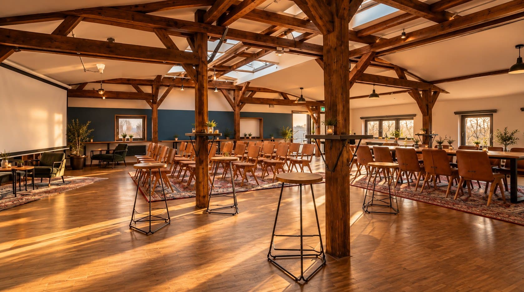 Bestuhlter Tagungsraum mit Holzbalken, Stehtischen und Tageslicht