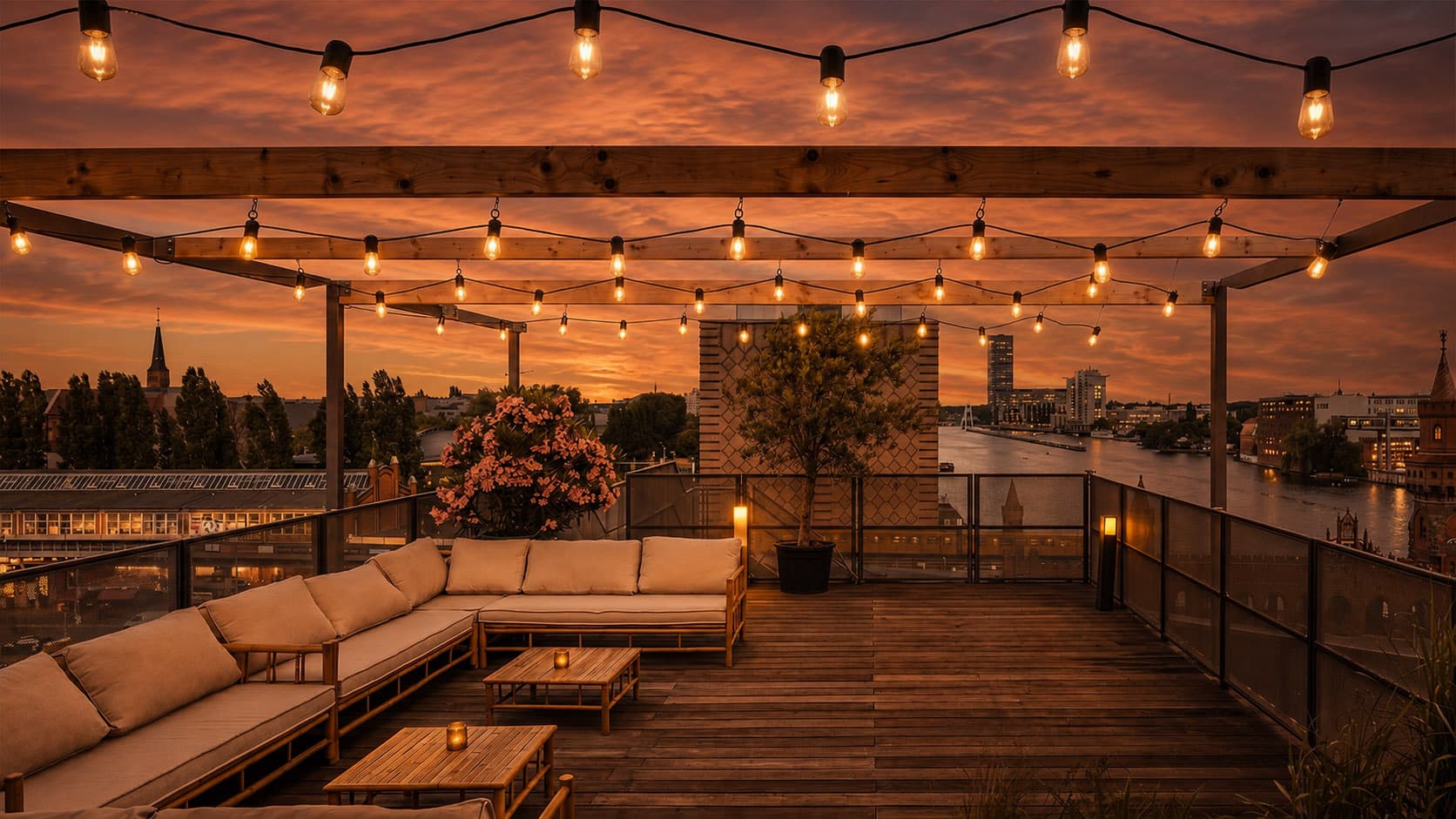 Rooftop-Terrasse im warmen Abendrot mit Lichterketten und Blick über die Spree