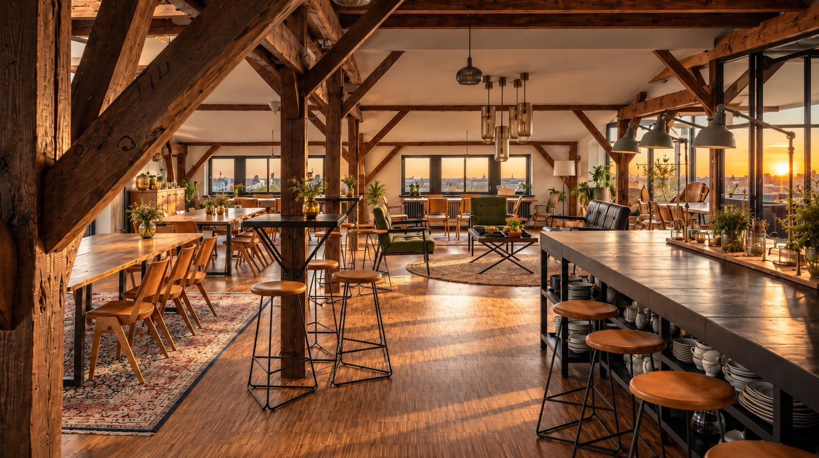 Industrial-Loft mit Holzbalken, Bar und Bistro-Tischen im Tageslicht