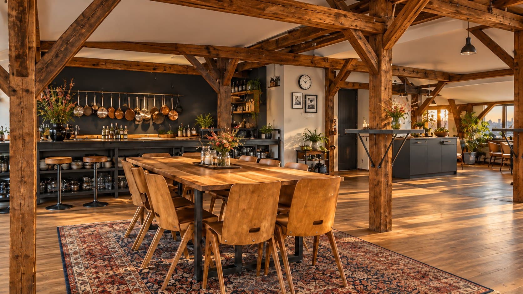 Lange Holztafel vor offener Küche im Loft