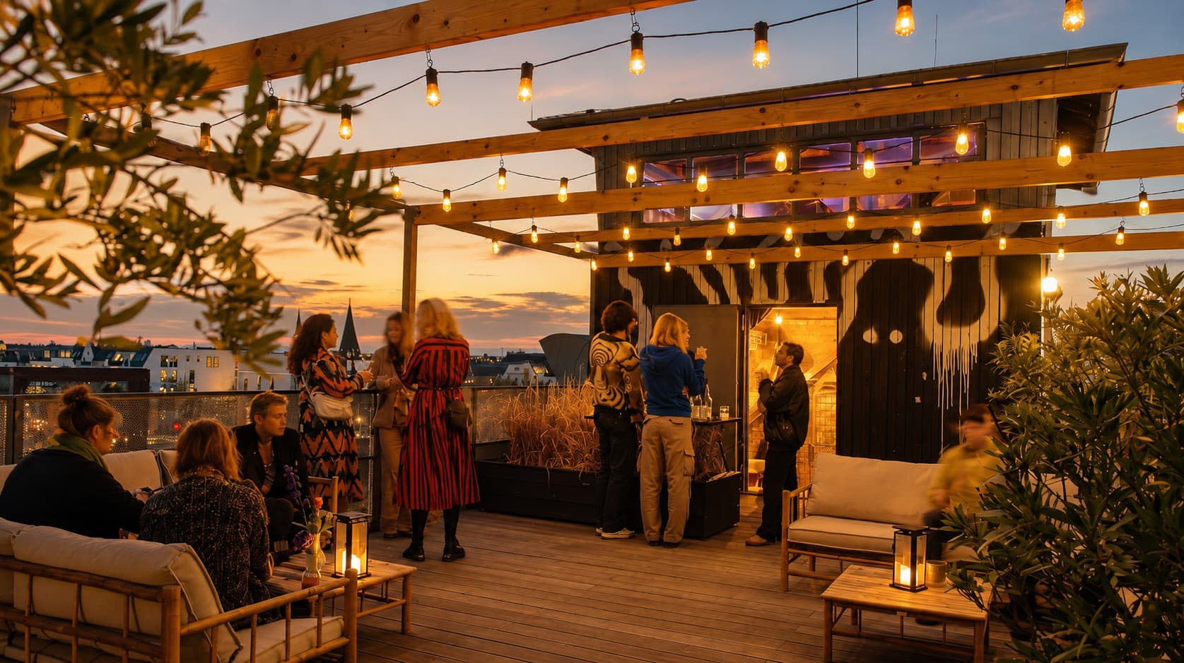 Gäste feiern abends auf der Rooftop-Terrasse im Lichterketten-Schein