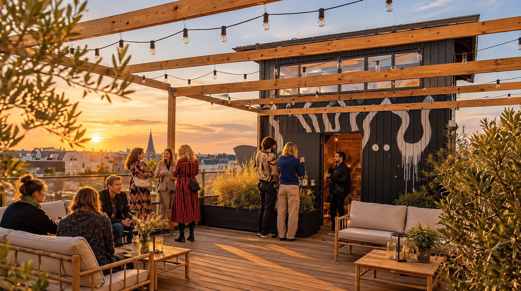 Gäste feiern abends auf der Rooftop-Terrasse im Lichterketten-Schein